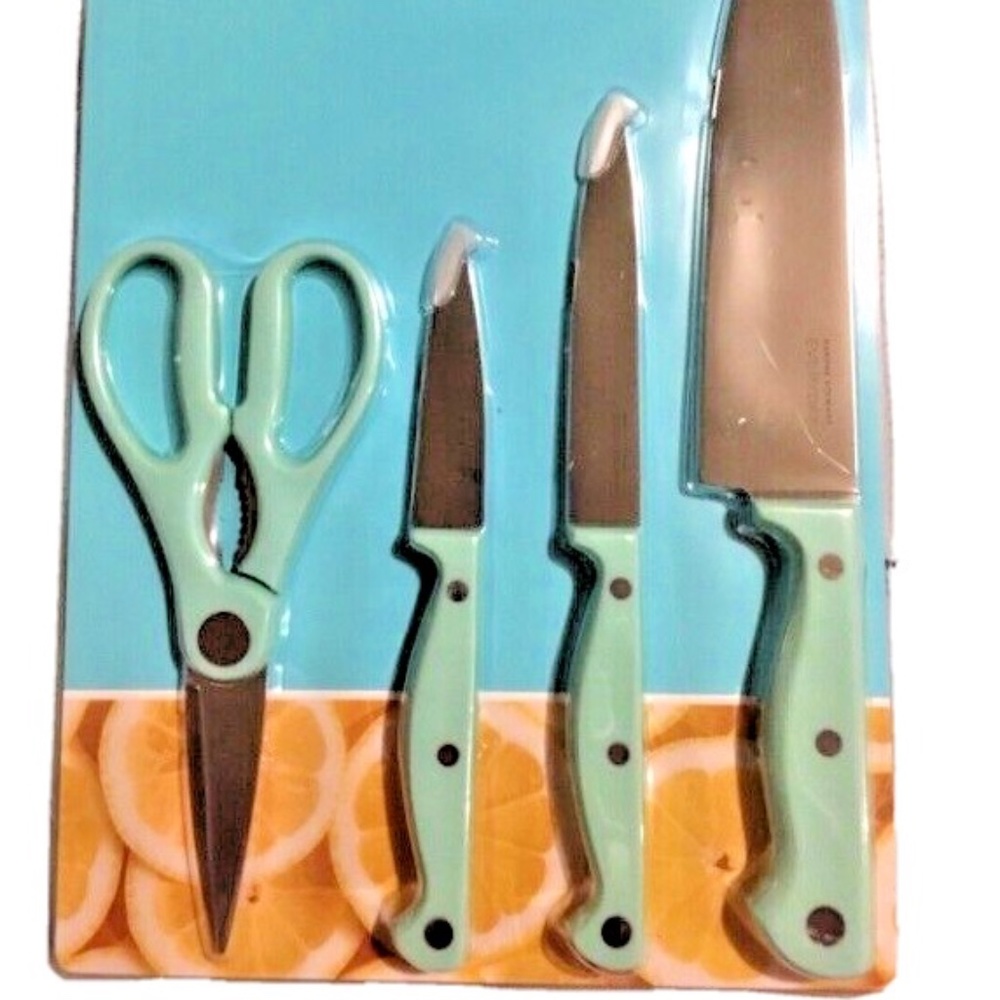 New MARTHA STEWART EVERYDAY 4 PIECE CUTLERY SET Aqua 3.5" 5" & 8" Plus Shears